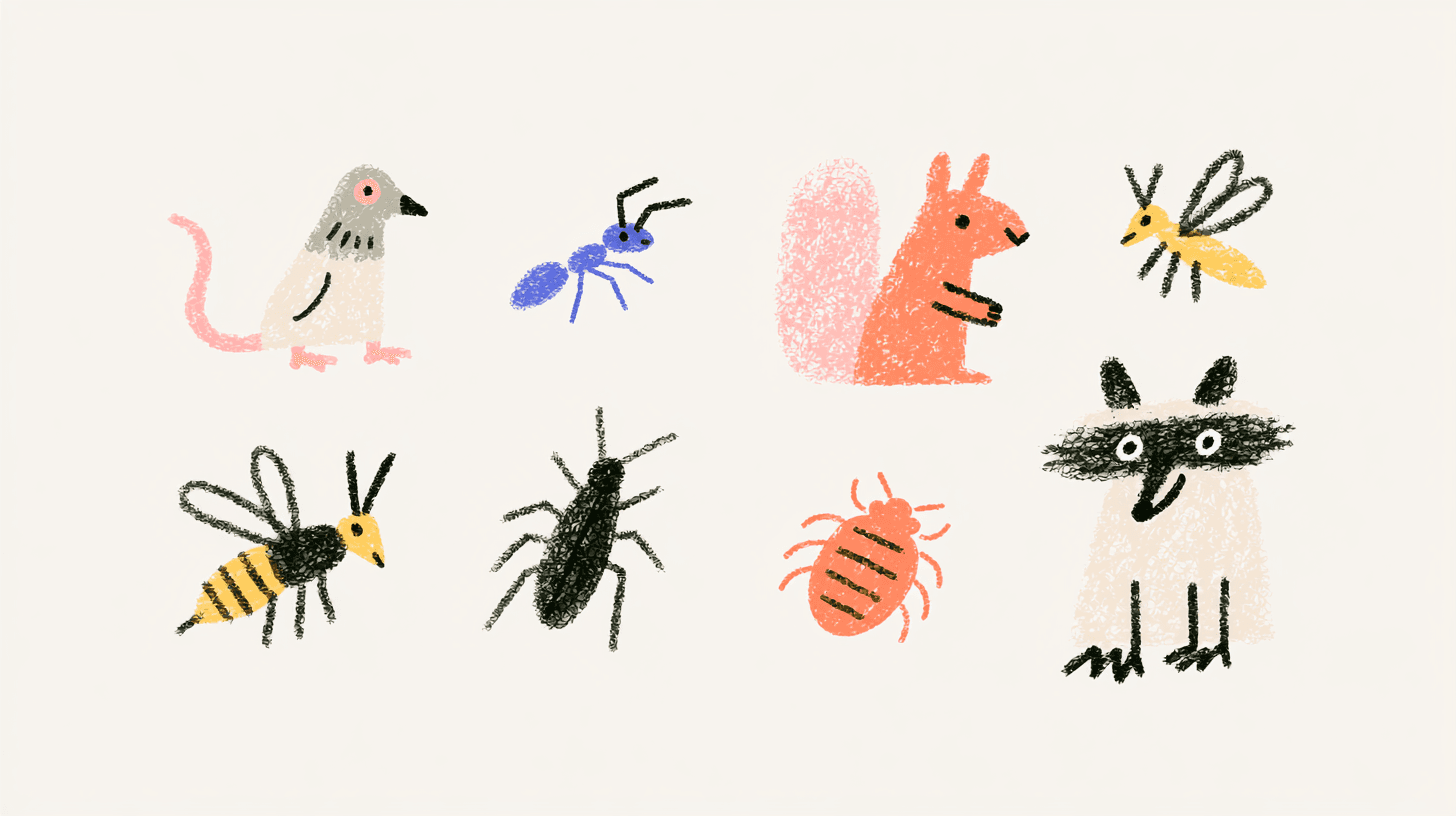 Illustration chaleureuse de petits animaux et insectes nuisibles
