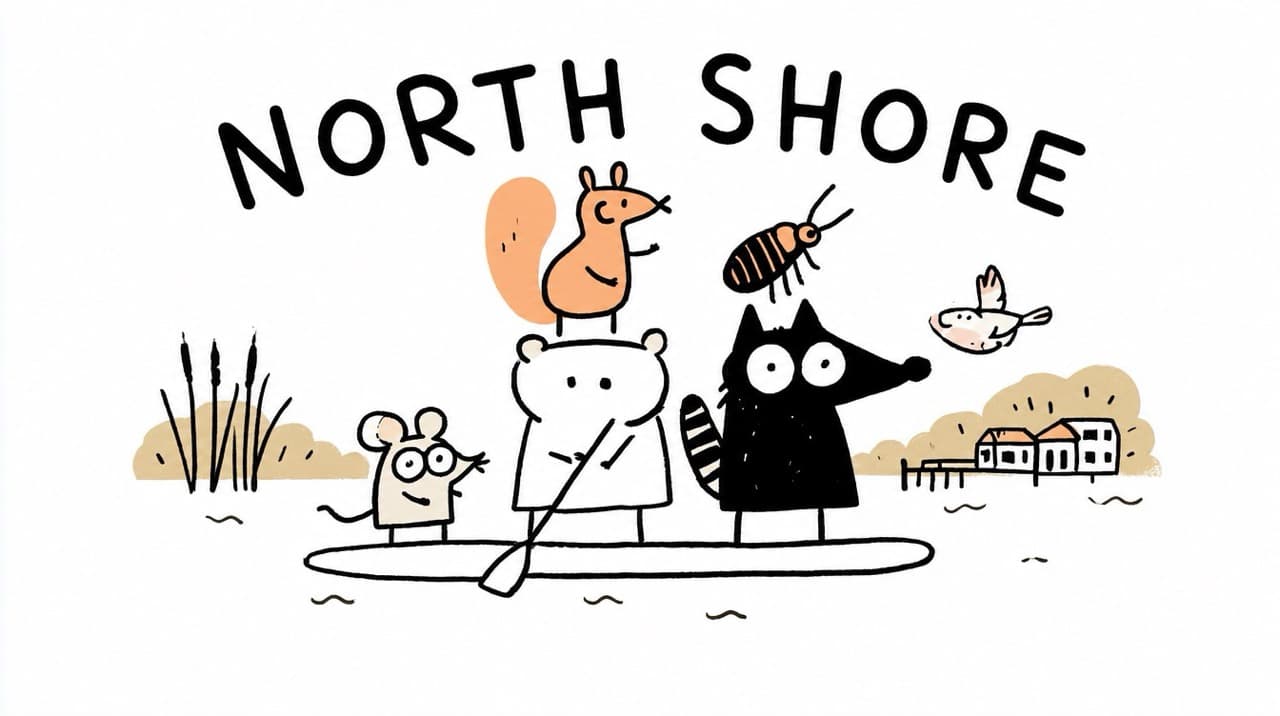 Illustration of pests on a paddleboard with the words North Shore.