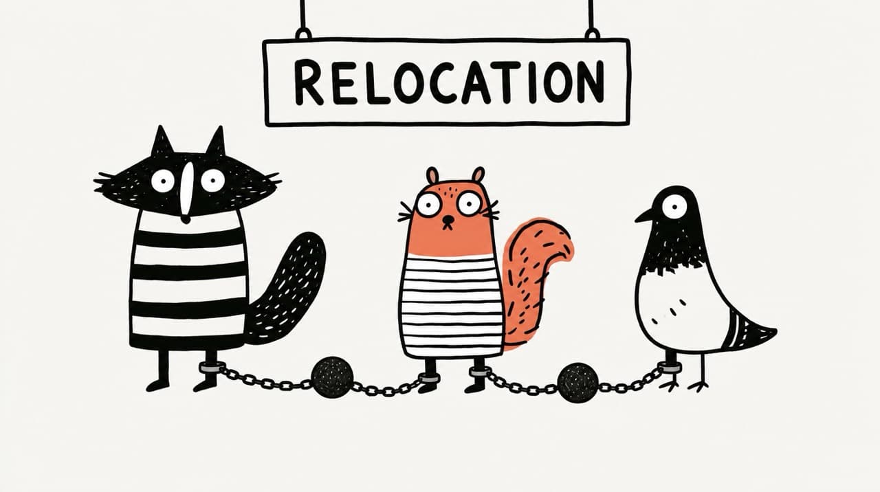 Illustration of a raccoon, squirrel and pigeon beneath a Relocation sign.