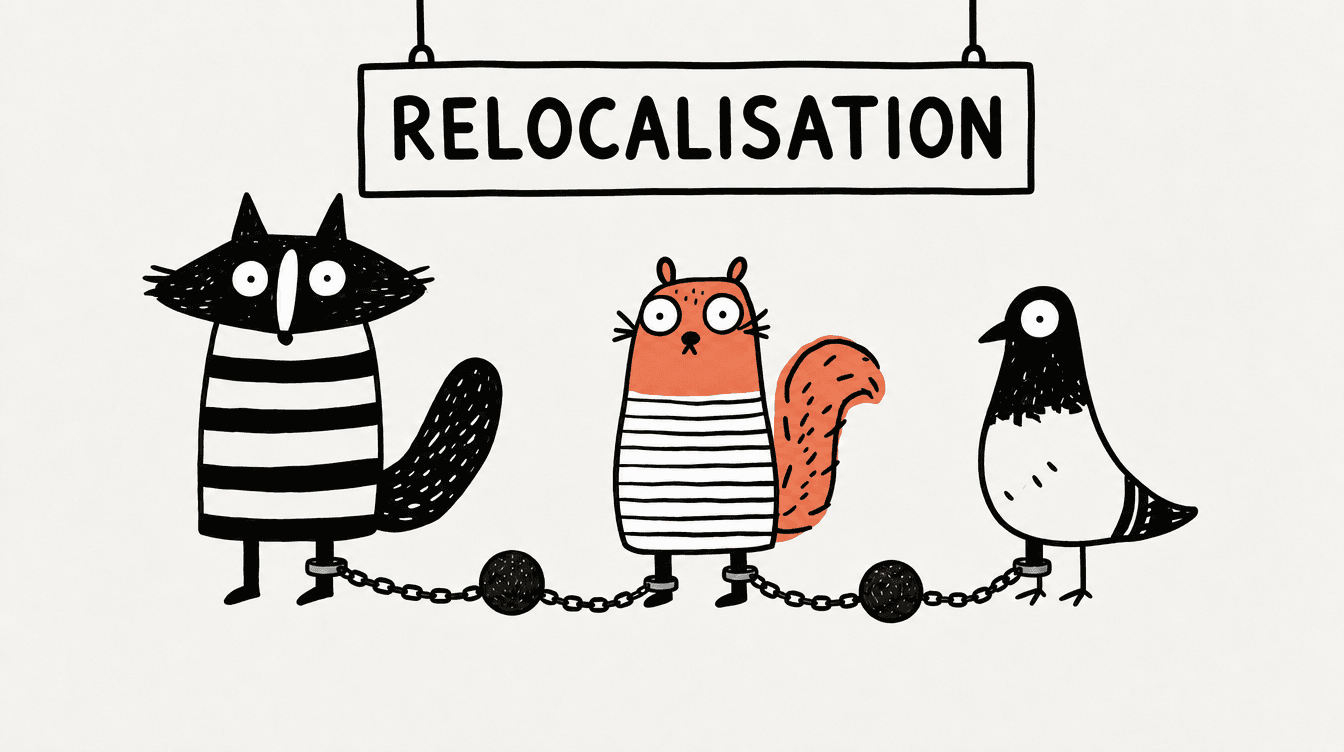Illustration d’un raton laveur, d’un écureuil et d’un pigeon sous une enseigne Relocalisation.