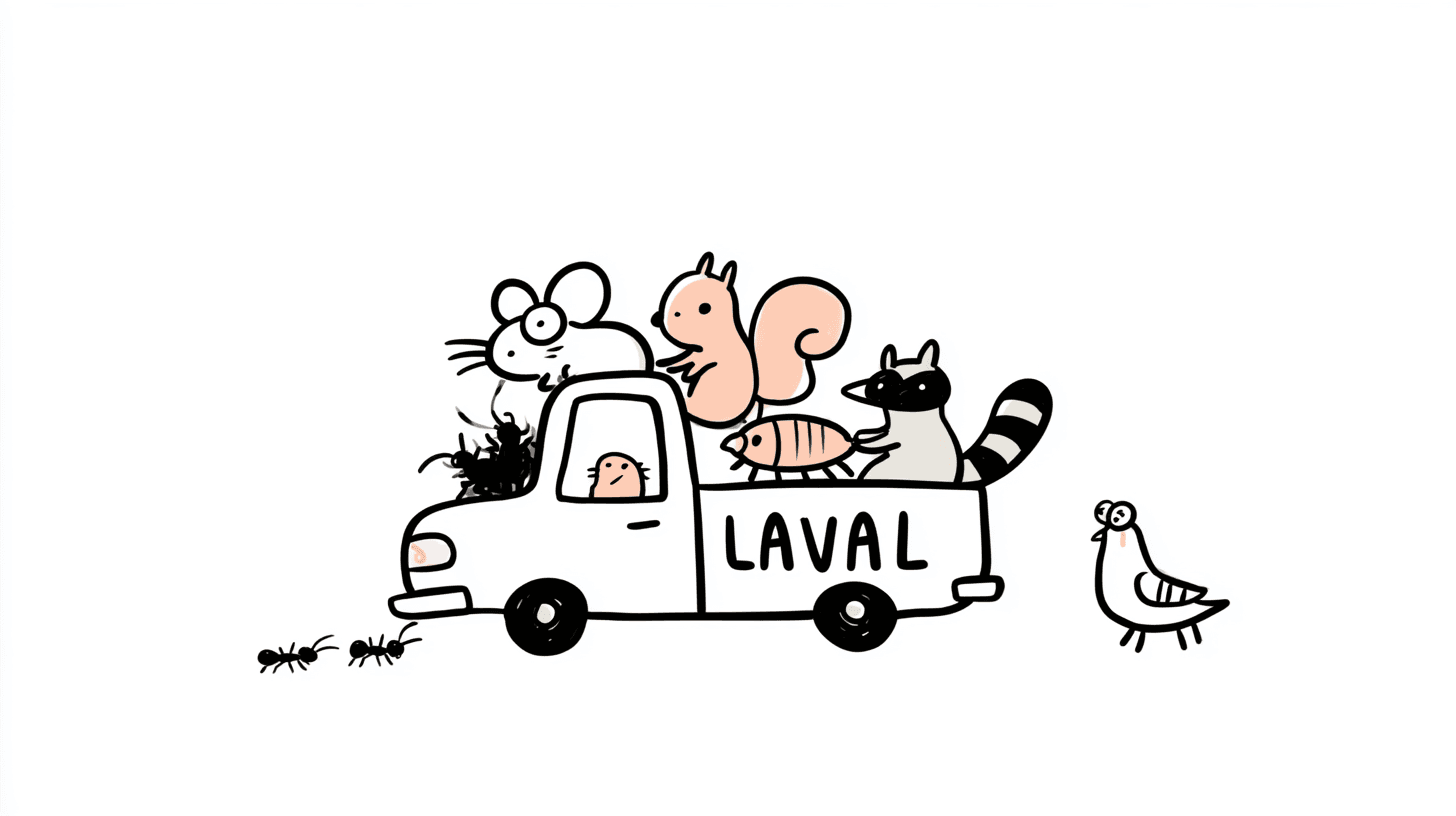 Whimsical illustration of pests packed into a pickup truck marked Laval, with a pigeon walking alongside it.