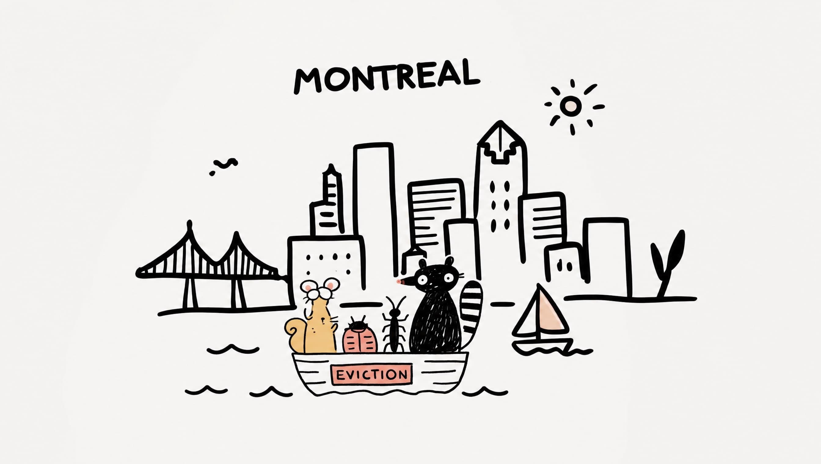 Illustration of pests evicted from Montréal by boat in front of the Jacques Cartier Bridge and downtown skyline.