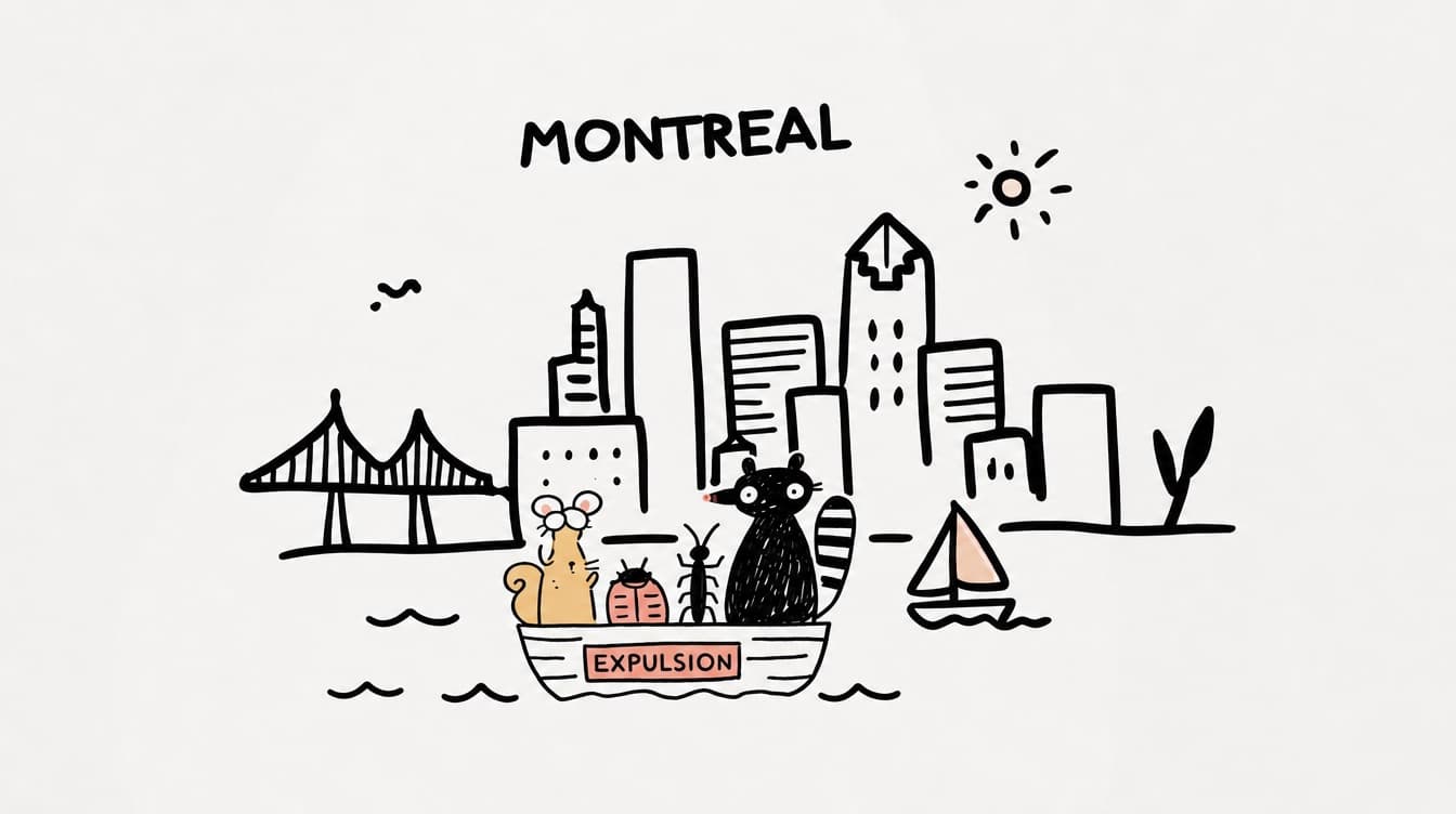 Illustration de nuisibles expulsés de Montréal en bateau devant le pont Jacques-Cartier et le centre-ville.