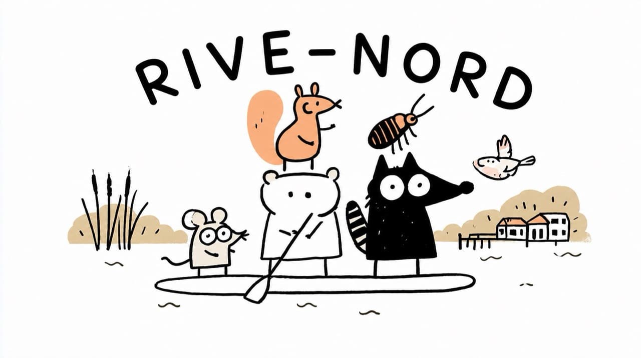 Illustration de souris, raton laveur, écureuil, coquerelle et oiseau sur une planche à pagaie, avec la mention Rive-Nord.